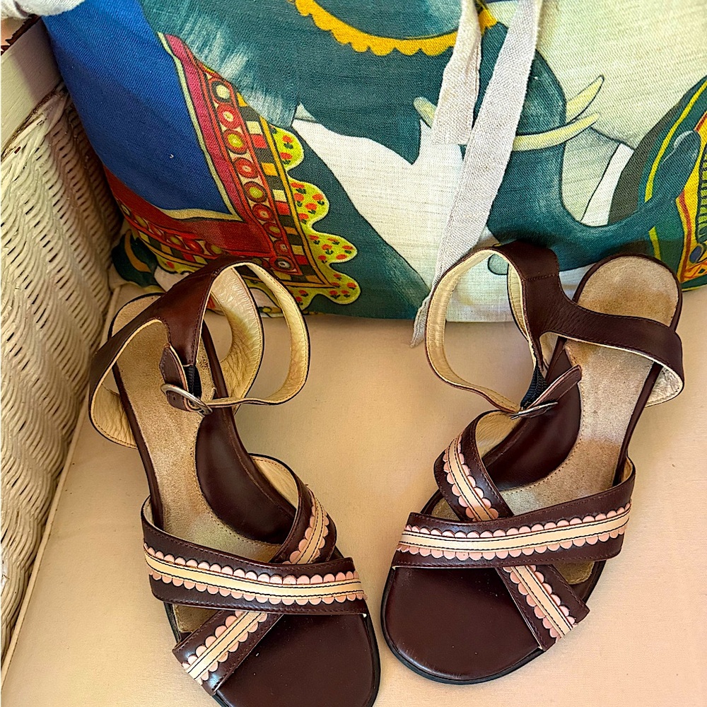 John Fluevog Brown Sandals with Crisscross Straps